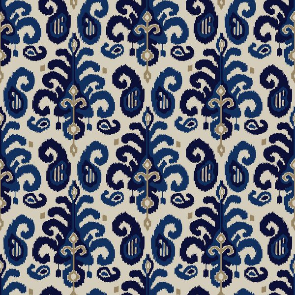 الگوی بدون درز ikat paisley تزئینات قومی شرقی نیلی کبالت آبی و بژ در زمینه ecru طراحی پارچه