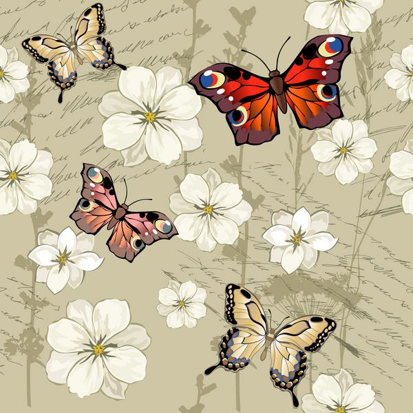 الگویی با گل و پروانه پس زمینه تزئینی یکپارچه تصویر برداری