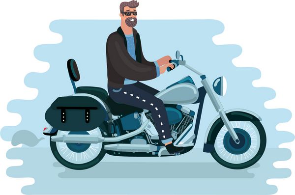 تصویر برداری کارتونی خنده دار از دوچرخه سواری مرد موتورسواری با موتور سوار است