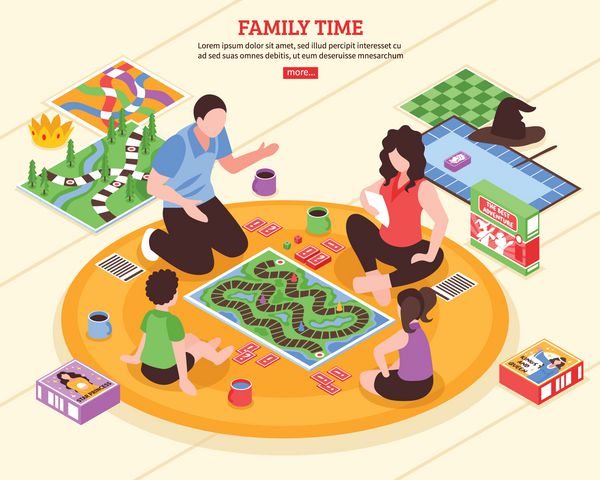 صحنه سرگرمی خانوادگی با والدین و بچه ها بازی های روی صفحه در تصویر برداری ایزومتریک کف