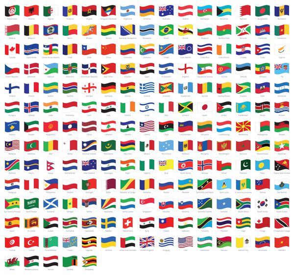 همه پرچمهای ملی پوشان از سراسر جهان با نام ها پرچم بردار با کیفیت بالا که در پس زمینه سفید جدا شده است