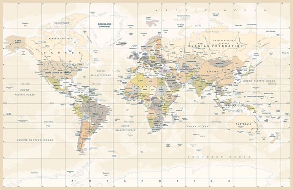 تصویر برداری نقشه جهانی رنگی توپوگرافیکی فیزیکی تصویر
