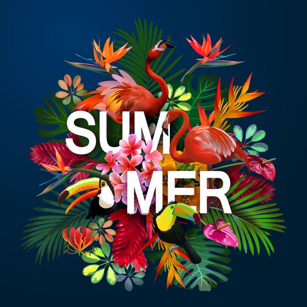 پس زمینه تابستانی با پرندگان گرمسیری و گل ها برای سفر طراحی تعطیلات بر روی یک پس زمینه آبی جدا شده ترکیب بردار گل زیبا چاپ برای تی شرت گلهای گرمسیری