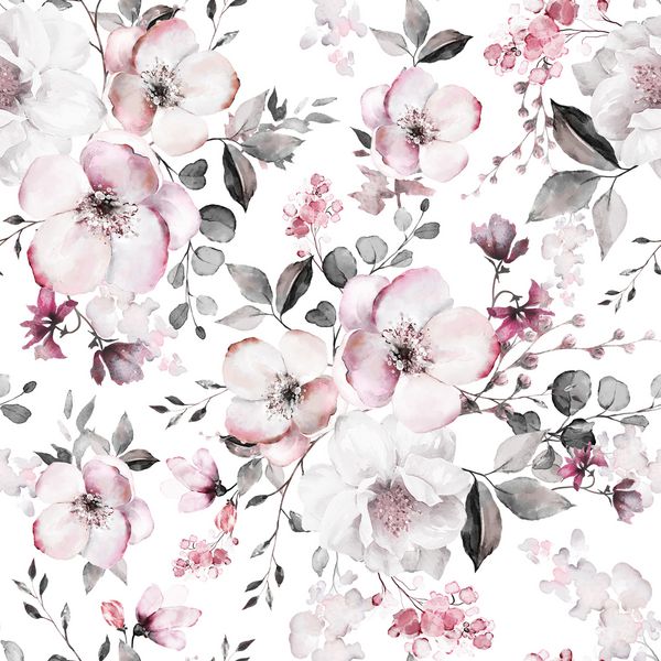 الگوی بدون درز با گل ها و برگ های صورتی بهار پس زمینه کشیده شده الگوی گل برای کاغذ دیواری یا پارچه گل سرخ شد کاشی گیاه شناسی