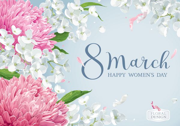 گل داودی و شکوفه سیب برای 8 مارس کارت تبریک وکتور گل به سبک آبرنگ با طرح حروف