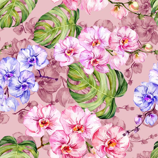 گلهای ارکیده آبی و صورتی و برگهای هیولا الگوی گل بدون درز نقاشی آبرنگ تصویر کشیده شده دست می توان از پارچه کاغذ دیواری کاغذ بسته بندی استفاده کرد
