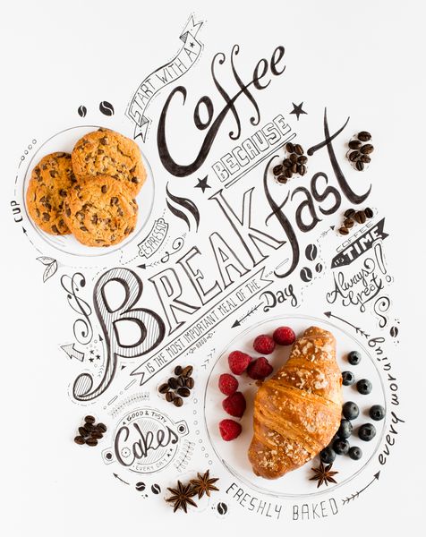تایپوگرافی نامه صبحانه با دست کشیده با عبارات کلاسیک غذاهای شیرین واقعی کیک و غذاهای قهوه در یک ترکیب پرنعمت