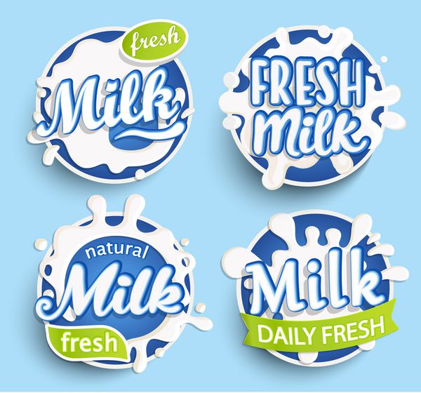 مجموعه ای از آرم های مختلف شیر تازه برچسب ها پاشش ها و لکه های لبنی برای طراحی مواد غذایی فروشگاه کشاورزی بسته بندی و تبلیغات خود را تصویر برداری