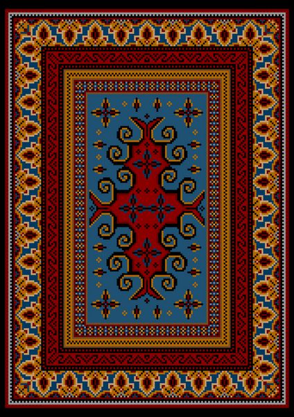 فرش مجلل پرنعمت با الگوهای قومی قرمز و زرد با زمینه آبی در مرکز