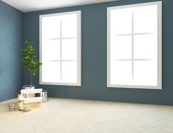 ایده داخلی اتاق اسکاندیناوی خالی آبی با گلدان های روی کف چوبی و دیوار بزرگ و چشم انداز سفید در ویندوز داخلی داخلی شمال شرقی تصویر سه بعدی