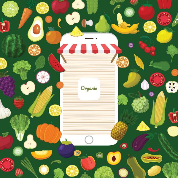 Illustration مفهوم dessign غذاهای سالم فروشگاه آنلاین به عنوان میوه و سبزیجات تازه قالب بنر مجموعه وکتور