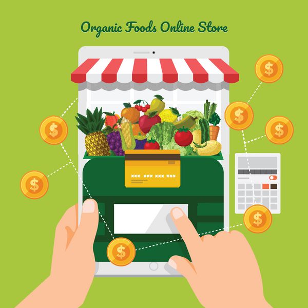 مفهوم طراحی تصویر غذاهای سالم فروشگاه آنلاین را به عنوان میوه و سبزیجات تازه در قرص قالب بنر مجموعه وکتور