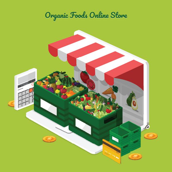 مفهوم طراحی تصاویر غذاهای سالم فروشگاه آنلاین به عنوان میوه و سبزیجات تازه در لپ تاپ قرص قالب بنر مجموعه وکتور
