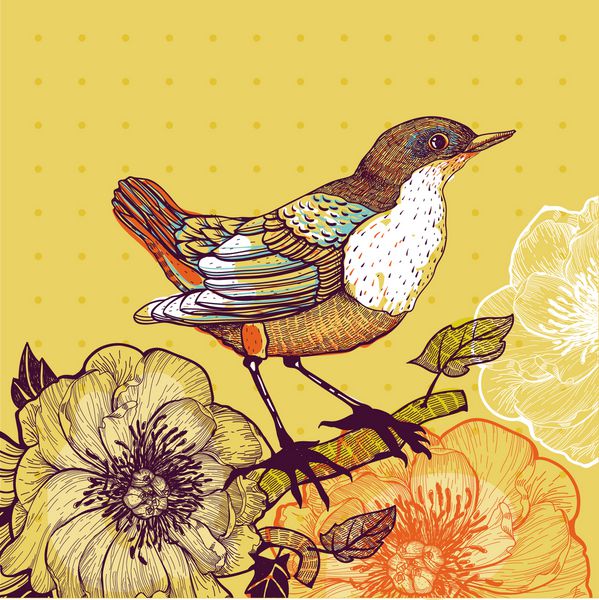 تصویر برداری از یک پرنده و گل های شکوفه در زمینه زرد
