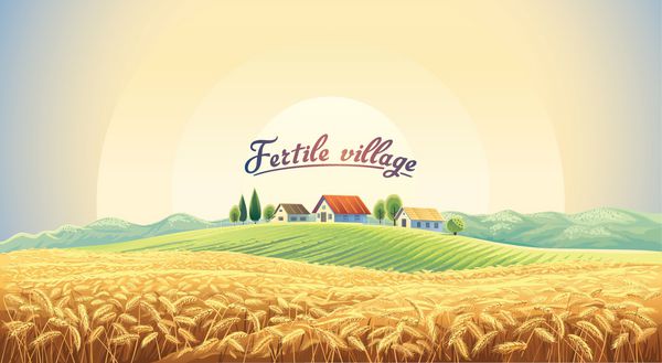 منظره روستایی با یک مزرعه گندم و یک دهکده در یک تپه تصویر برداری