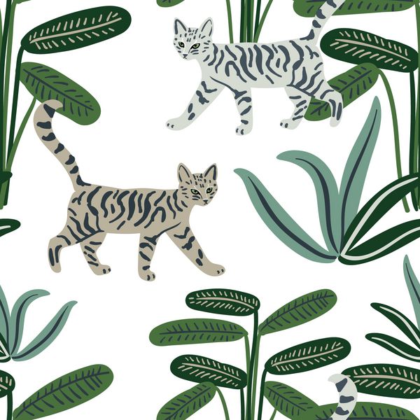 گربه ها و گیاهان گرمسیری در جنگل روی زمینه سفید الگوی بدون درز برگهای راه راه و نخل حیوانات خانگی طبیعت عجیب و غریب با حیوانات تصویر دیجیتال