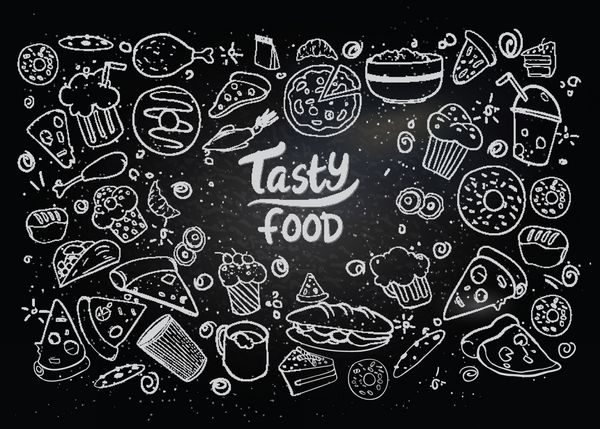 مجموعه ای از غذاهای کشیده شده جدا شده در پس زمینه سیاه مجموعه سریع غذای ابله تصویر برداری
