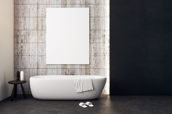 فضای داخلی حمام لوکس با پوستر خالی سبک سبک زندگی و مفهوم طراحی مسخره کردن ارائه سه بعدی