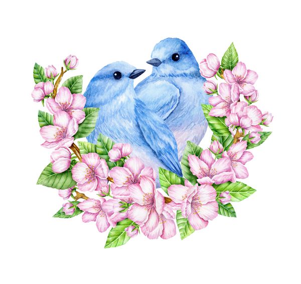 پرنده بلوز کوچک ناز در شکوفه تصویر آبرنگ حیوانات و پرندگان ناز نماد بهار عید پاک مبارک پرنده شانس آبی