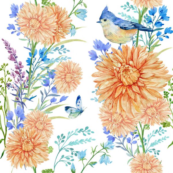 الگوی بدون درز گل با الگوی پرنده و پروانه تزئینات گل برای منسوجات تصویر آبرنگ روی یک پس زمینه سفید جدا شده