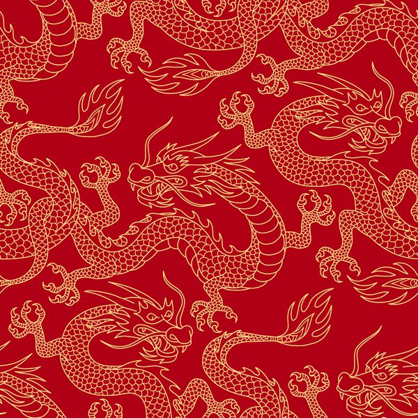 اژدها چینی می جنگند طرح های طلا روی قرمز الگوی بدون درز برای منسوجات و دکوراسیون