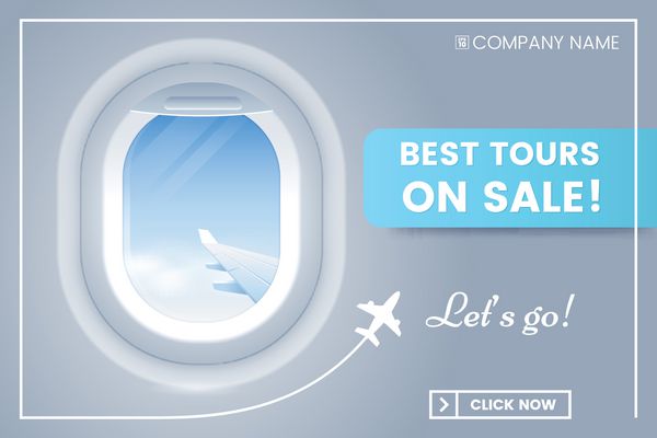 مفهوم بنر پیشنهادات مسافرتی با هواپیمای سنگین بهترین تورها برای فروش تبلیغ بنر تعطیلات تصویر برداری قابل استفاده برای کوپن بلیط آگهی Eps 10