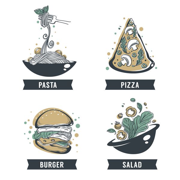 پاستا پیتزا سالاد و همبرگر طرح کشیده شده دستی با ترکیب حروف برای آرم yout نماد برچسب