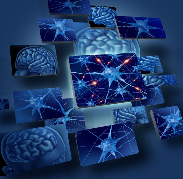 مفاهیم نورون های مغز به عنوان سمبل پزشکی مغز انسان که توسط پنجره های هندسی نزدیک نورون ها و فعالیت سلول های اندام نشان داده می شود و نشان دهنده هوش مربوط به حافظه است