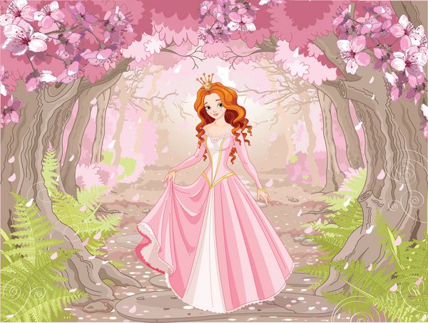 تصویرگر شاهزاده خانم زیبا با موی سرخ در زمینه جنگل بهاری