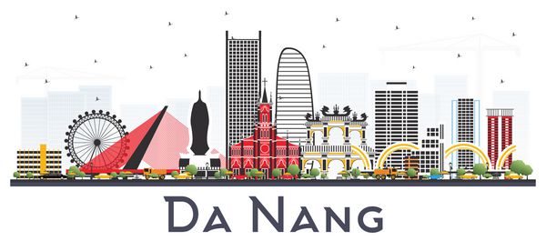 افق دا نانگ ویتنام با ساختمانهای رنگی که بر روی سفید جدا شده اند تصویر برداری سفر تجاری و مفهوم گردشگری با معماری مدرن نمای شهر دا ننگ با نقاط دیدنی