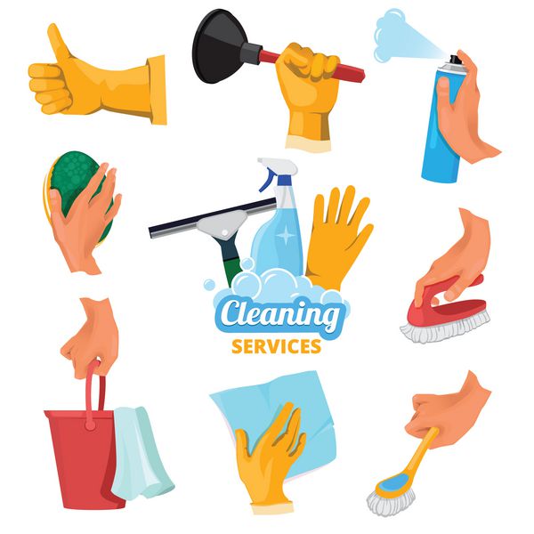 نمادهای رنگی برای سرویس تمیز کردن دستهایی که ابزارهای مختلفی دارند تجهیزات وکتور ابزار شستشو به صورت دستی