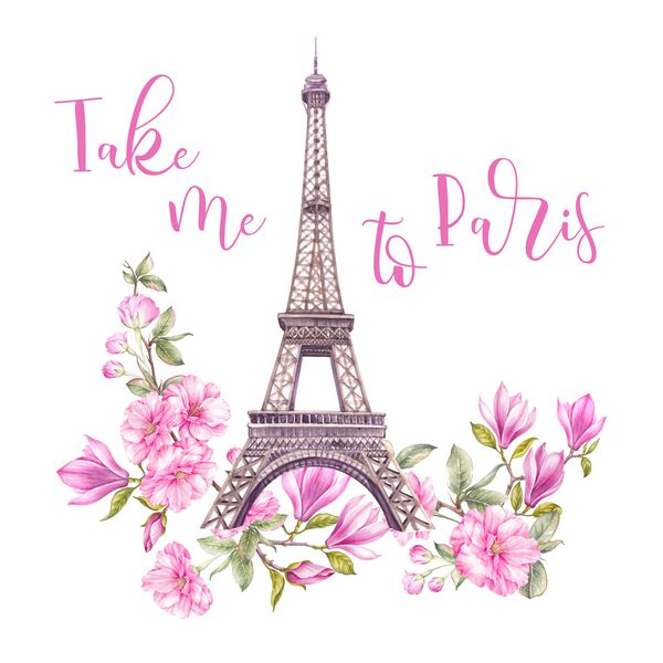 برج ایفل با دسته گل برج ایفل با گلهای بهاری بر روی زمینه سفید جدا شده است کارت حافظه و امضا مرا به پاریس ببرید تصویر گیاه شناسی آبرنگ