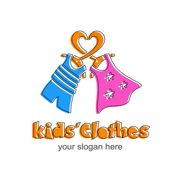 آرم لباس بچه گانه ثبت نام برای کودکان و فروشگاه x27؛ آرم با قلب نارنجی لباس صورتی دخترانه تی شرت آبی و شورت پسرانه الگوی وکتور