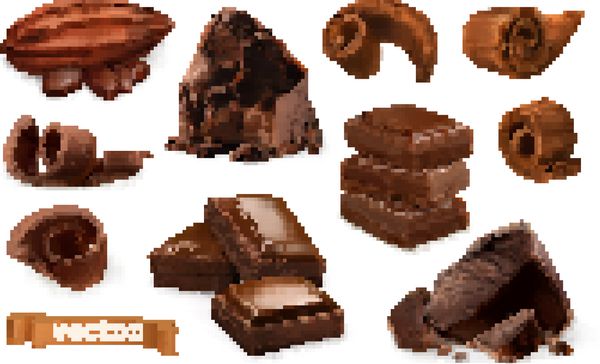 شکلات تکه ها خاشاک ها میوه های کاکائو مجموعه آیکون های وکتور 3D واقع بینانه