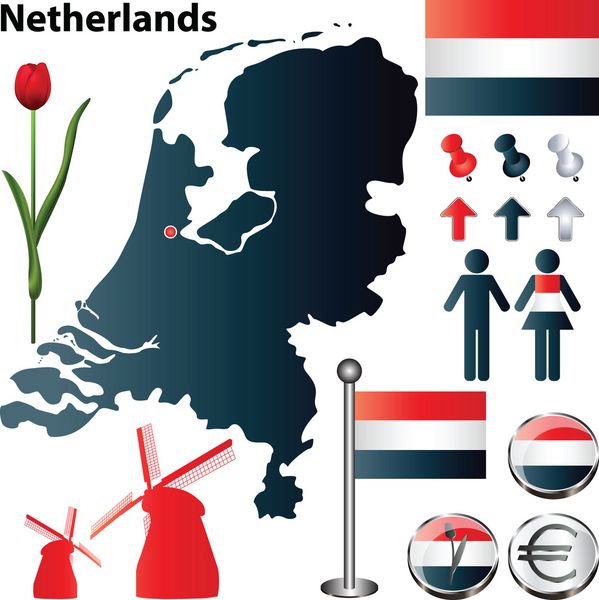 مجموعه وکتور شکل کشور هلند با پرچم ها آسیاب های بادی و نمادهای جدا شده در زمینه سفید