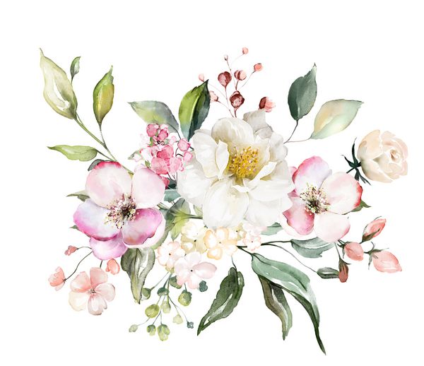 گلهای آبرنگ تزئینی تصویر گل برگ و جوانه ها ترکیب گیاه شناسی برای عروسی یا کارت تبریک شاخه گل گلهای انتزاعی عاشقانه