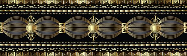 مرز 3D طلای پرنعمت وکتور الگوی بدون درز پس زمینه انتزاعی تزئینات مدرن با راه راه بخیه موج خط شکل گل دایره مرزهای اصلی یونان برای تصاویر پس زمینه