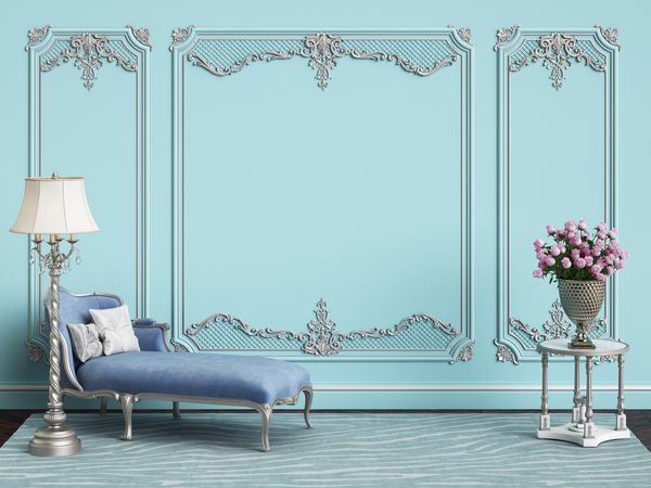 مبلمان کلاسیک به رنگ های آبی و نقره ای در فضای داخلی کلاسیک با فضای کپی دیوارهای تزئینی با نقره ارائه تصویر دیجیتال3d