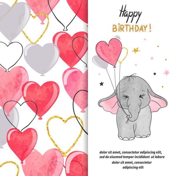 طراحی کارت پستال تولدت مبارک با بادکنک فیل و بادکنک تصویر برداری برای بچه ها