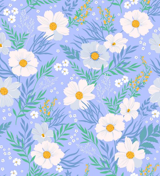 الگوی گل بدون درز طراحی سطح ساخته شده از گلهای سفید گل Gerbera برگ و انواع توت ها نقوش تابستانی و بهاری بافت گل مرسوم مد روز پس زمینه آبی کم رنگ تصویر برداری