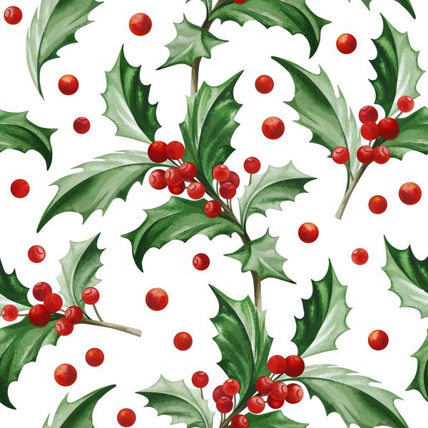 الگوی یکپارچه با نماد کریسمس برگ های هالی در زمینه سفید