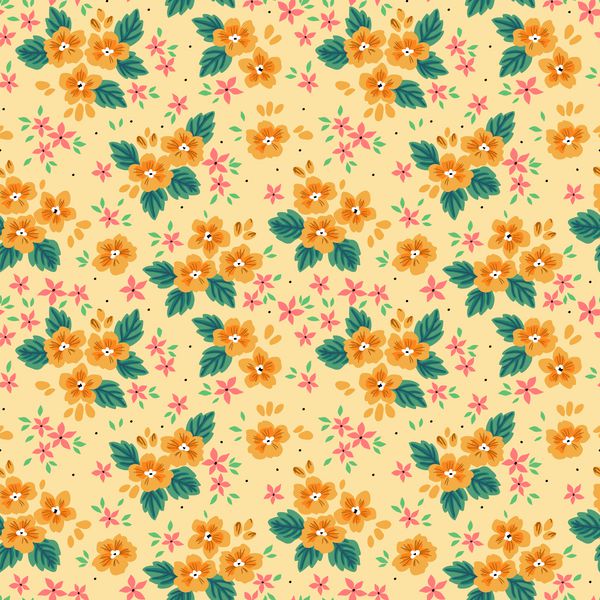 پس زمینه گل پرنعمت الگوی وکتور بدون درز برای طراحی و چاپ مد الگوی گلها با گلهای کوچک زرد و صورتی بر روی پس زمینه نور سبک Ditsy