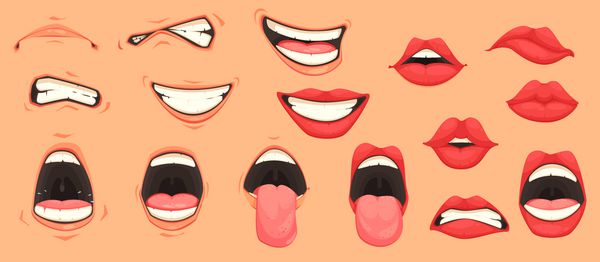 کارتون حرکات دهانی و حرکات صورت را تنظیم می کند که لب های تند و سریع لبخند می زند و لبخند می زنند