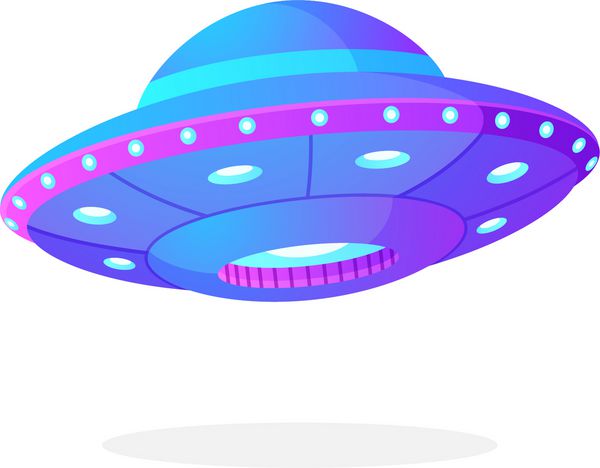 تصویر برداری به سبک مسطح UFO فوق العاده بنفش با چراغ کشتی فضایی بیگانه جسم پرواز ناشناخته آینده نگر جدا شده بر روی زمینه سفید
