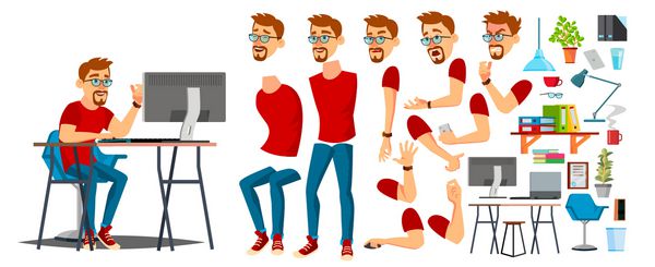 وکتور شخصیت کارتون طراح کارتون کار در کامپیوتر شخصی انیمیشن طراح دفتر استودیو خلاق مجموعه انیمیشن فروشنده ریش طراح احساسات چهره عبارات تصویر