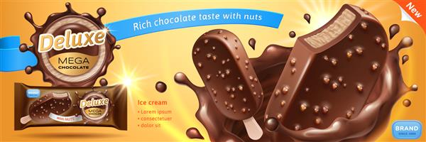 تبلیغات بستنی شکلاتی لوکس یخ پریمیوم موجود در چلپ چلوپ شکلات با لعاب و آجیل های خرد شده جدا شده در پس زمینه گرم بسته بندی و طراحی برچسب تصویر 3D وکتور واقع گرایانه