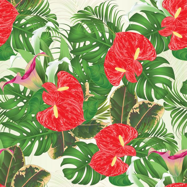 یکپارچه بافت دسته گل آرایشی گل با گل های استوایی با نیلوفرهای زیبا Cala and anthurium palm Philodendron و ficus vintage وکتور تصویر برداری دست قابل ویرایش