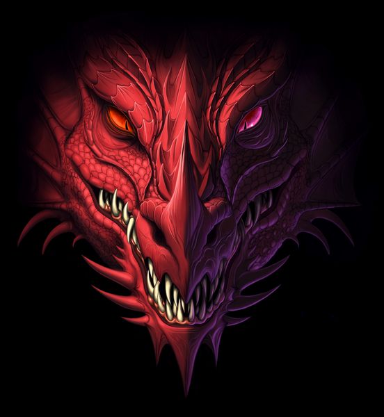 سر اژدها قرمز عصبانی روی زمینه سیاه نقاشی دیجیتال