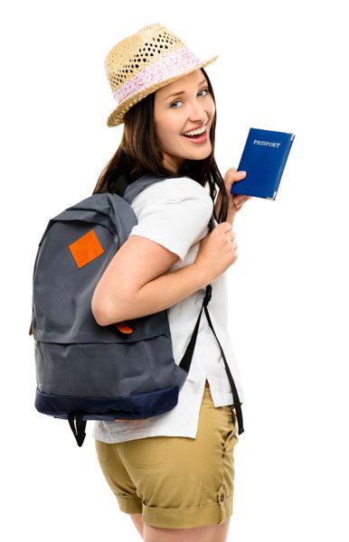 پرتره زن توریستی که دارای گذرنامه در تعطیلات آماده رفتن است