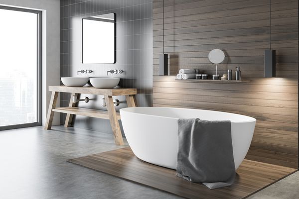 گوشه حمام دیواری سیاه و چوبی با وان و قفسه آرایش یک سینک دوتایی در نزدیکی یک دیوار خاکستری مفهوم طراحی خانه مدرن رندر سه بعدی